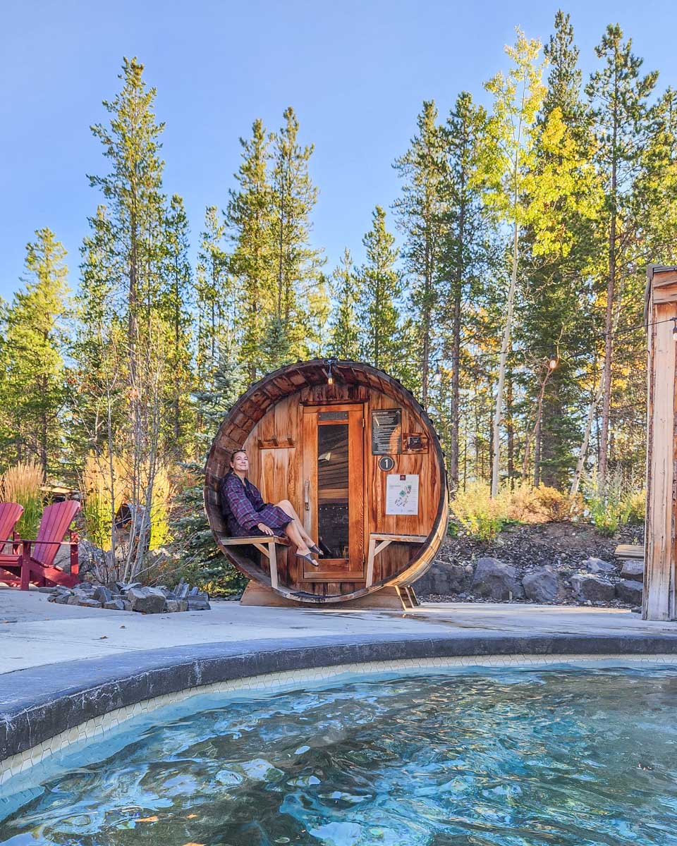 Bailey at a sauna at the Kananaskis Nordic Spa
