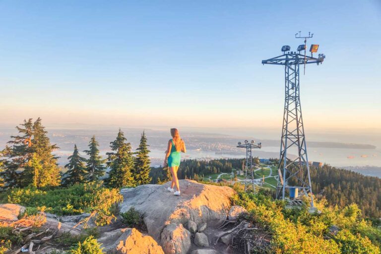 Bailey at the top of the Peak gondola on Grouse Mountain, Vancouver at sunset
