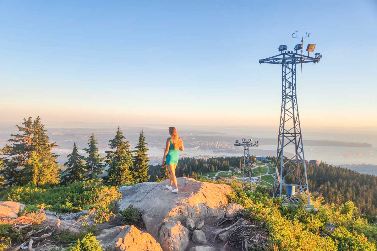 Bailey at the top of the Peak gondola on Grouse Mountain, Vancouver at sunset