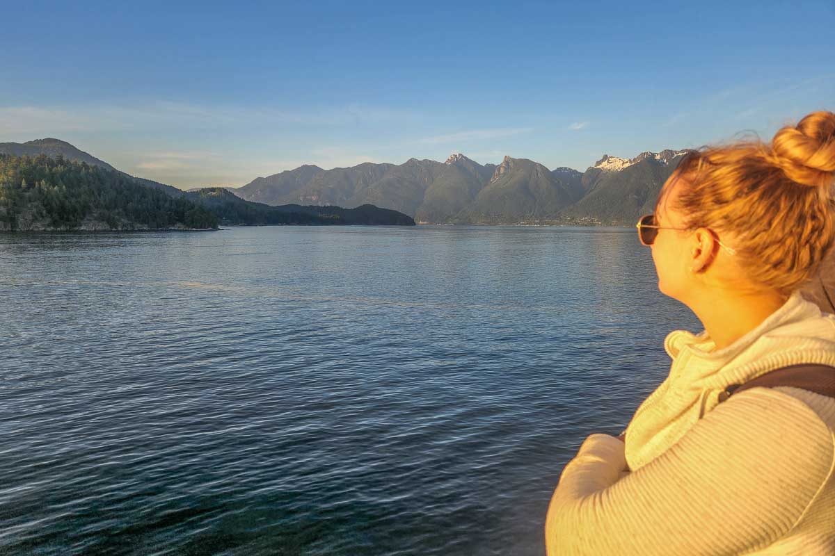 Bailey enjoys the view on a sunset sail with BC Ferries to Vancouver Island, Canada