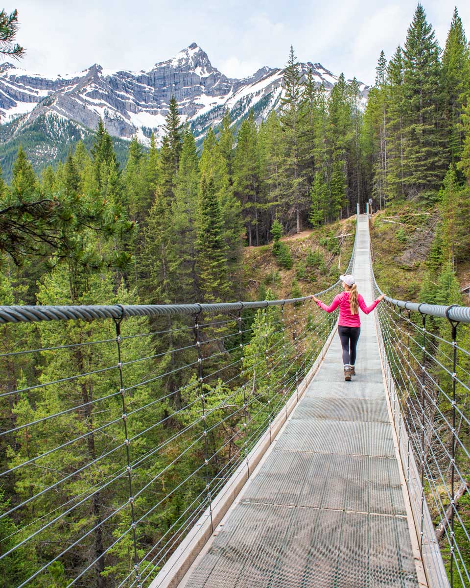 Bailey on the Blackshale Suspension Bridge with Mountain views in the Kananaskis