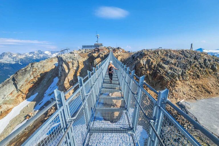Bailey on the Sky Bridge at the top of the Peak to Peak Gondola in Whistler after a Via Ferrata Tour