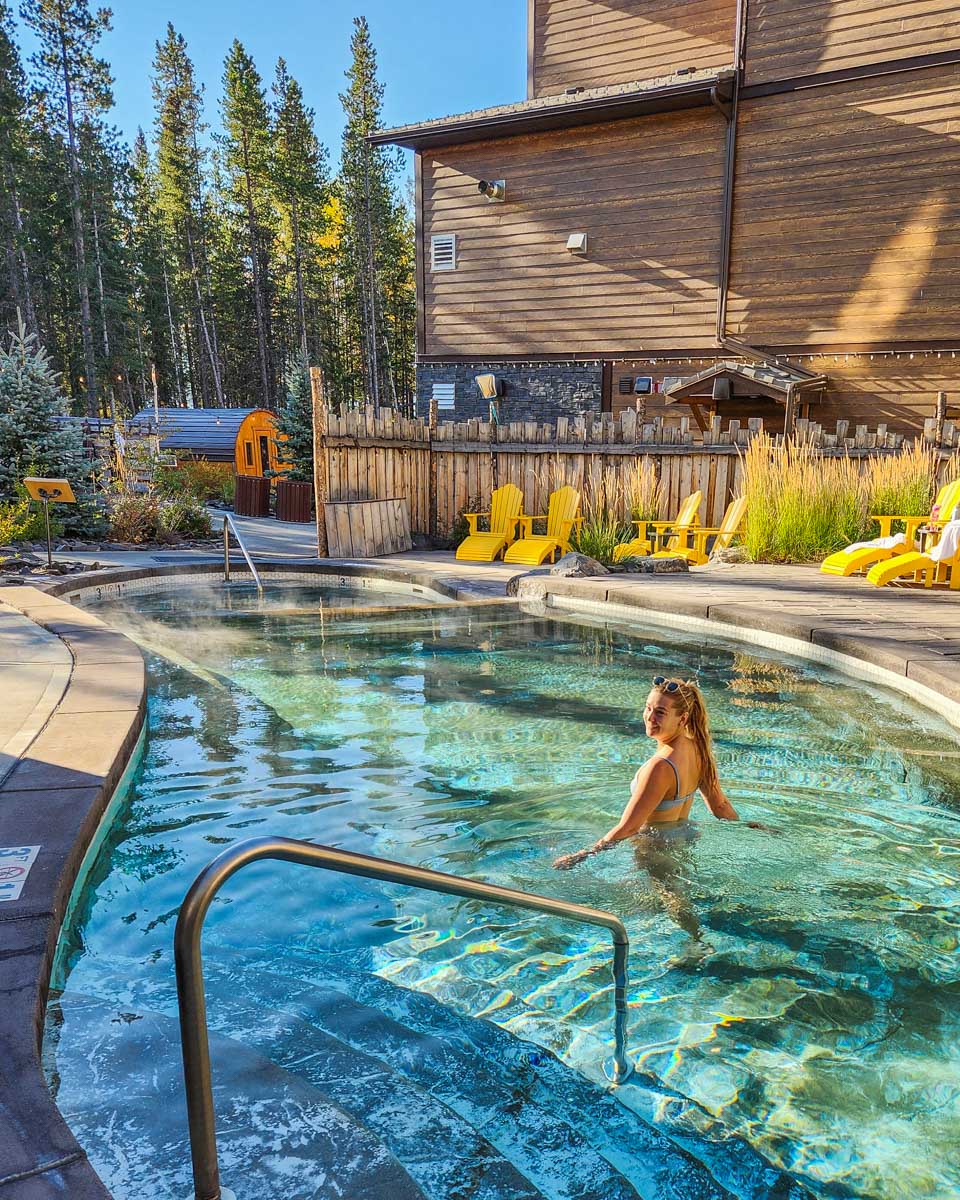 Bailey walks into a pool at the Kananaskis Nordic Spa in Alberta, Canada