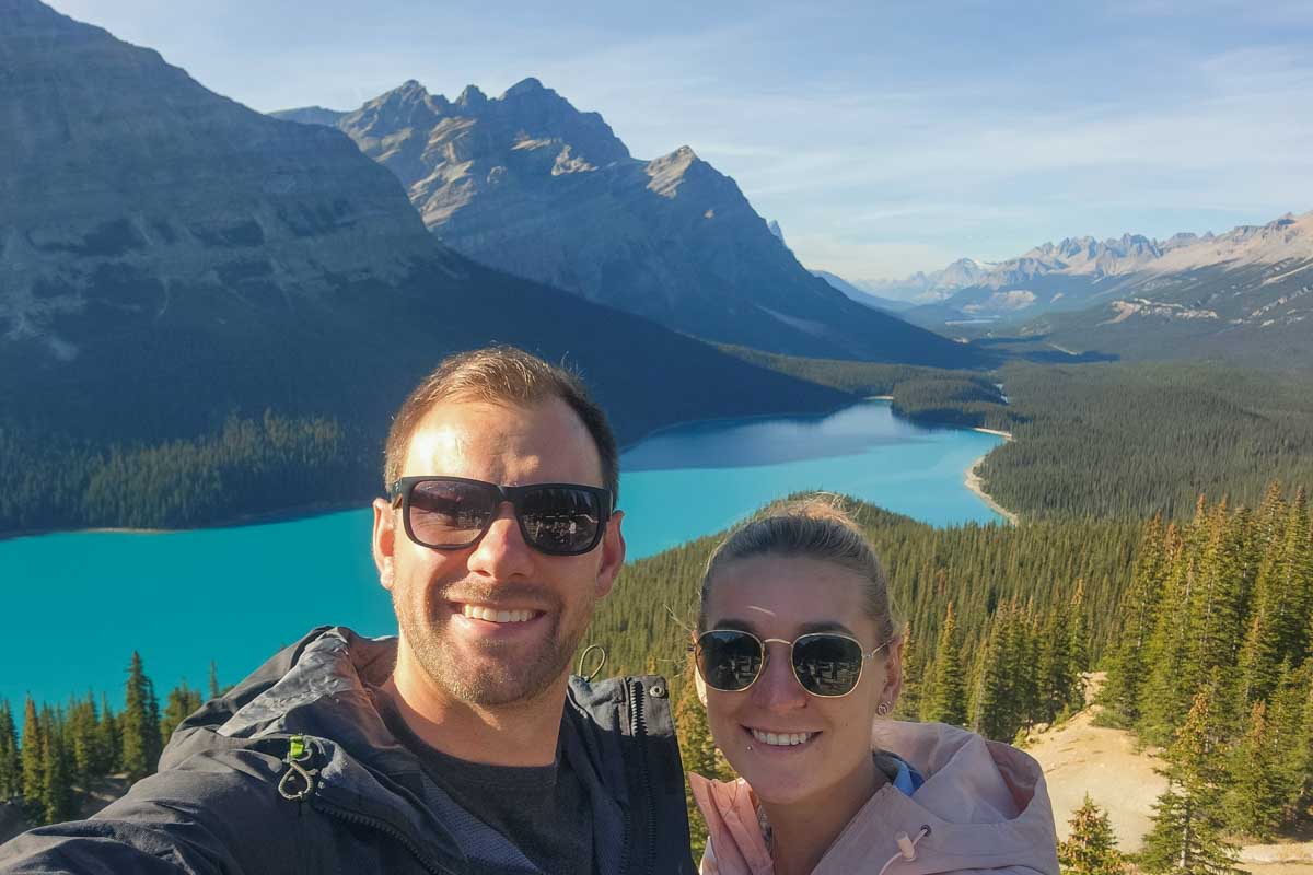 Daniel and Bailey take a selfie at Peyto Lake Viewpoint in Banff National Park, Canada