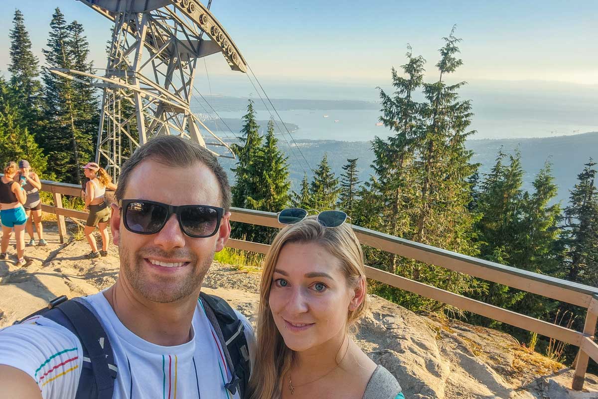Daniel and Bailey take a selfie at the top of Grouse Mountain, Vancouver