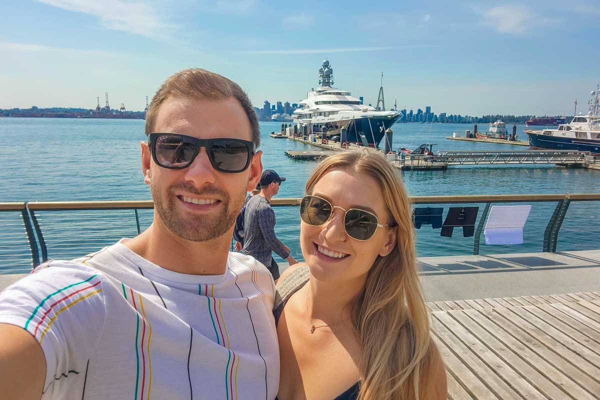 Daniel and Bailey take a selfie at the waterfront area of Lonsdale Quay, Vancouver