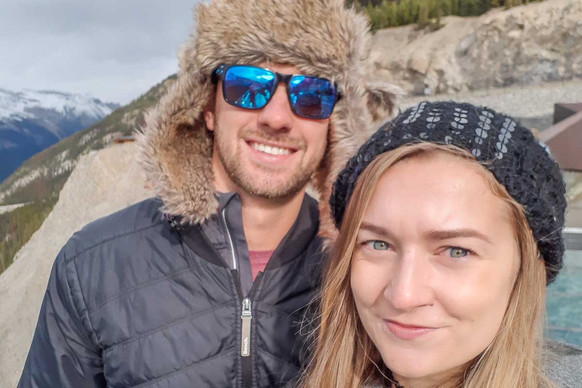 Daniel and Bailey take a selfie on the Columbia Icefield Skywalk in Banff National Park