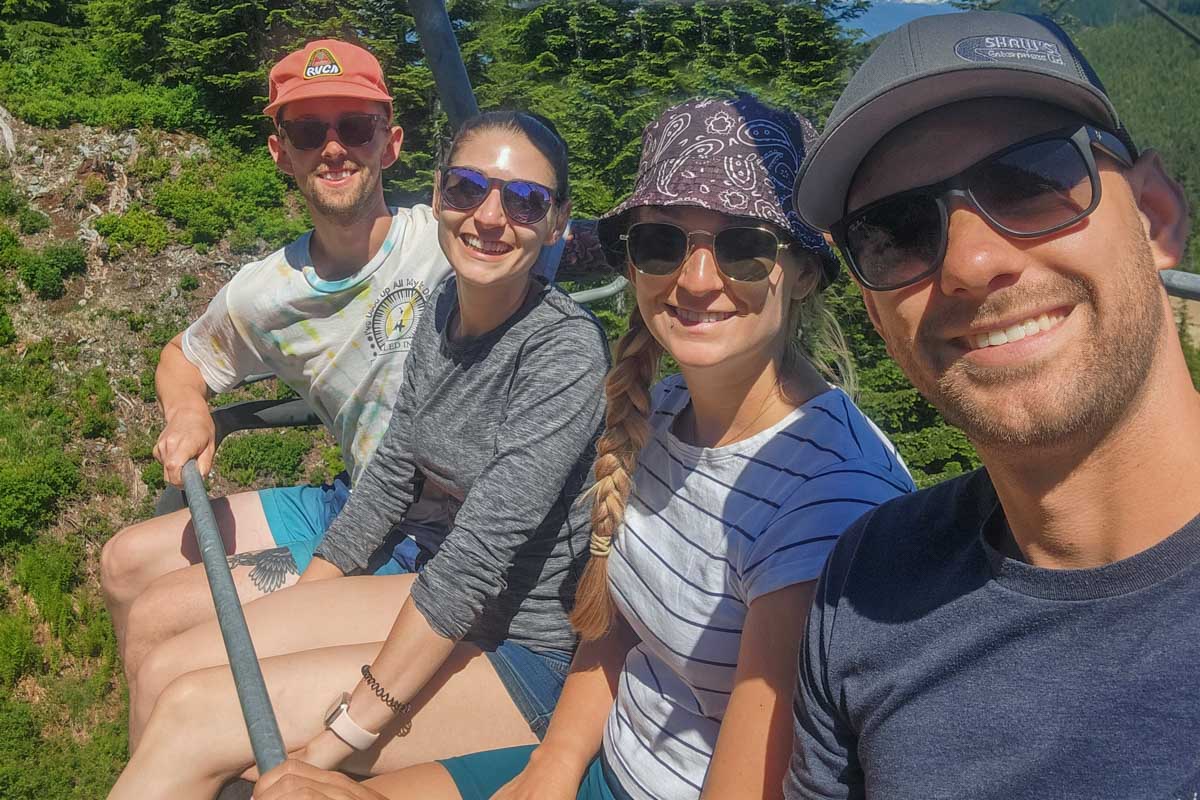 Daniel and Bailey take a selfie with friends on the Lake Louise Sightseeing gondola