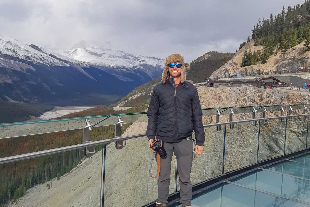 Daniel poses for a photo on the Columbia Icefield Skywalk in Banff National Park