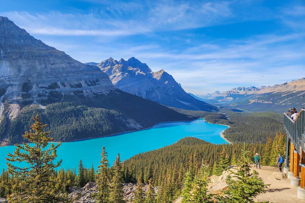 Stunning view of Peyto Lake as seen from Peyto Lake Viewpoint in Banff National Park, Canada