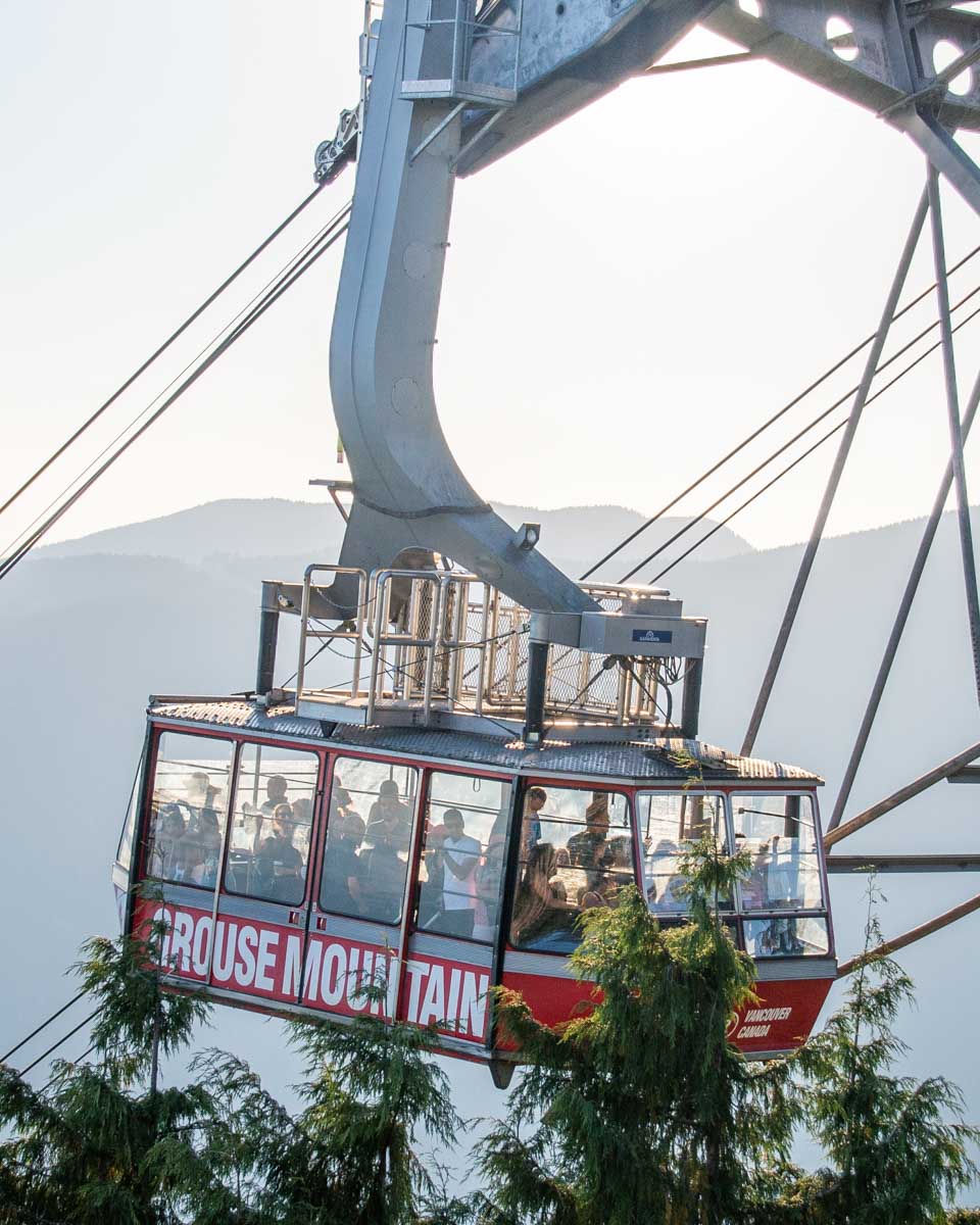 The Skyride heads up Grouse Mountain, Vancouver at sunset