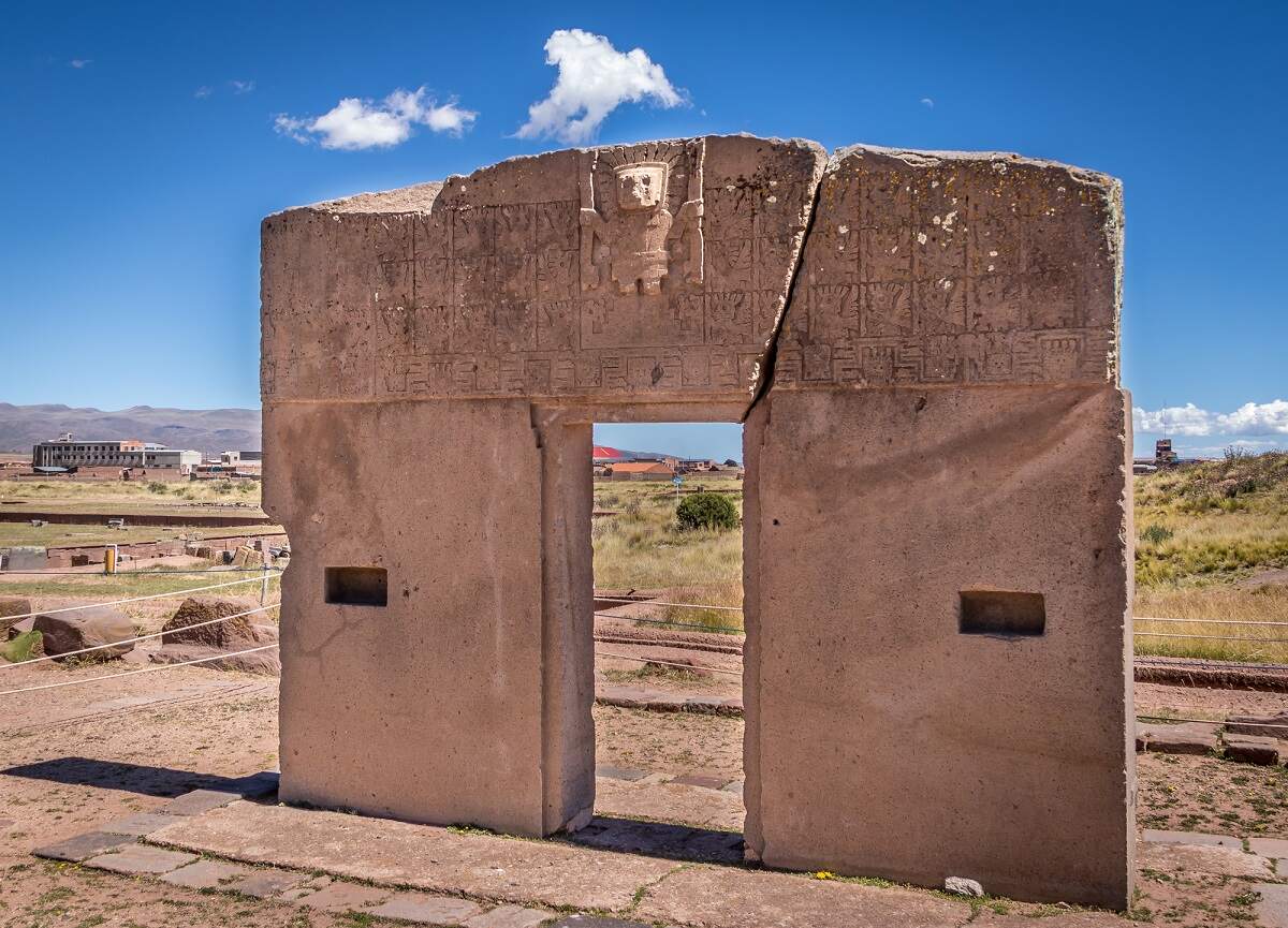 a large stone carving in Tiwanaku, Bolivia