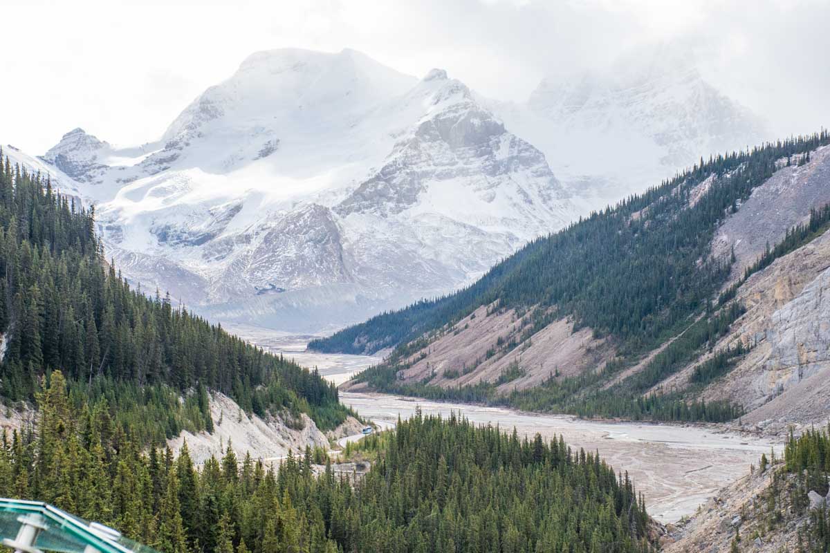 View from the glass viewpoint on the Columbia Icefield Skywalk in Banff National Park