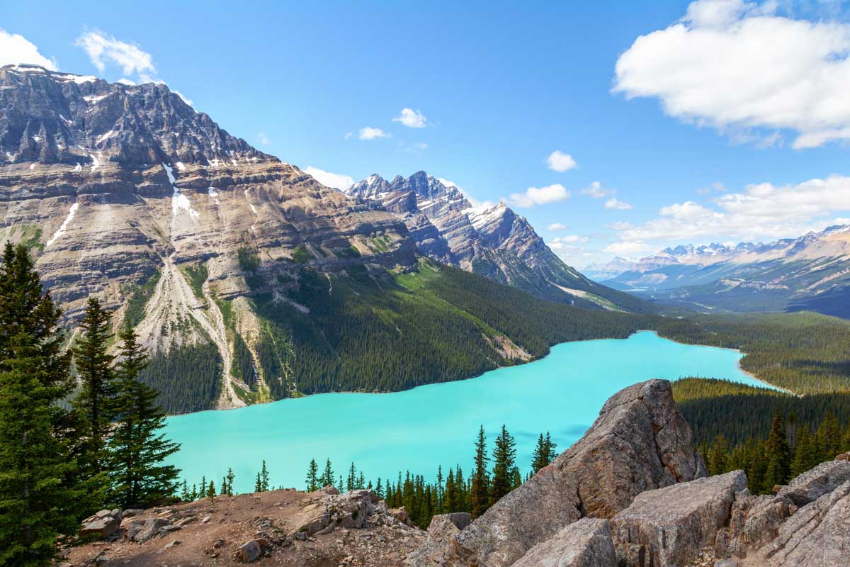 Bow Summit in Banff National Park overlooking Peyto Lake on the Icefields Parkway. The glacier-fed lake is famous for its bright turquoise colored waters in the summer.
