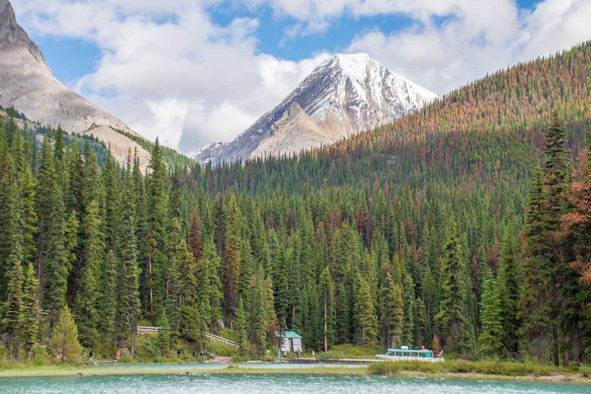 View of the dock on Maligne Lake at Spirit Island