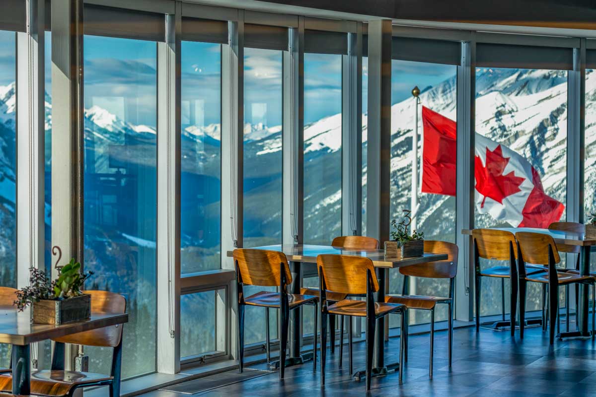 View out of the windoes of a restaurant at the top of the Banff Gondola on Sulphur Mountain