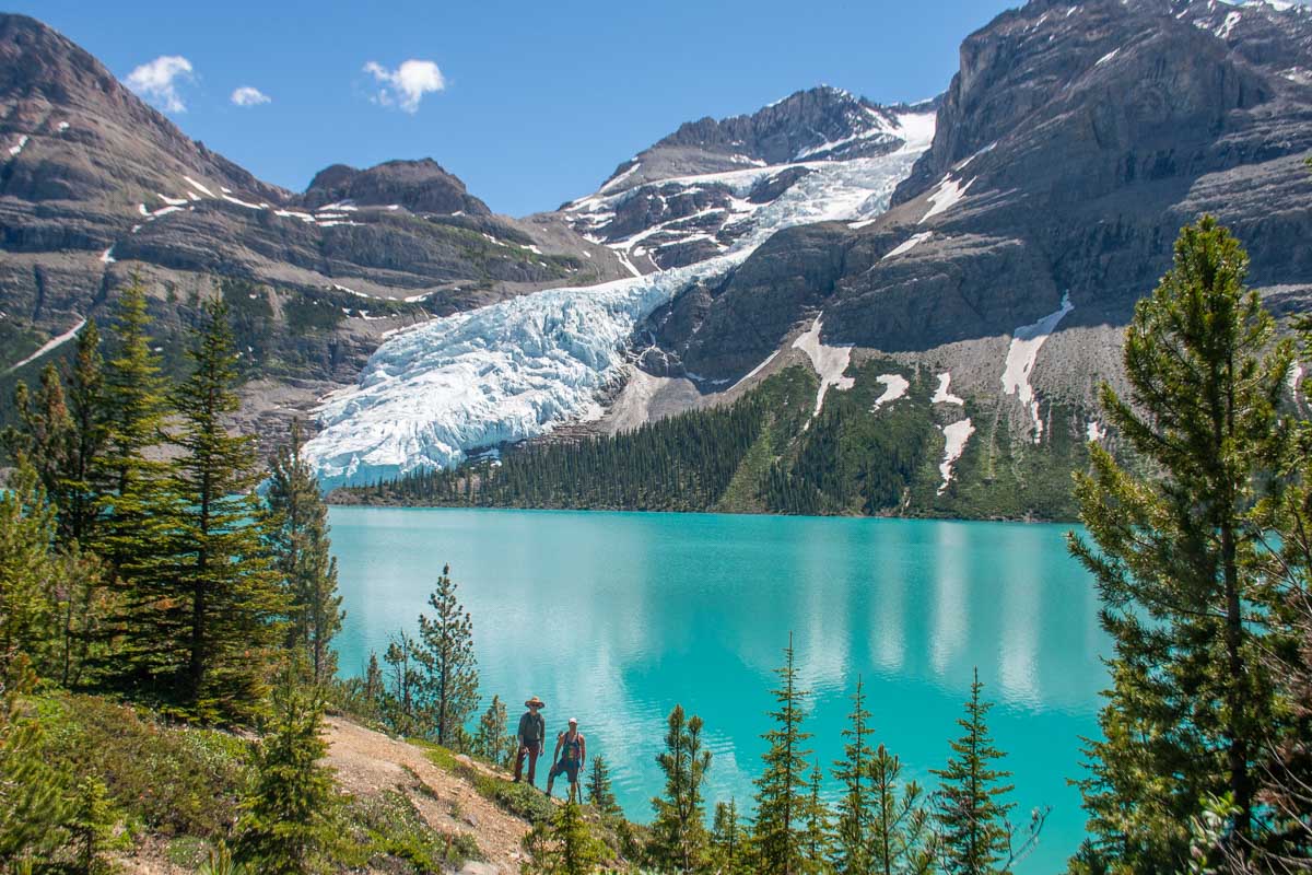Views of the blue Berg Lake and Berg Glacier in Mount Robson Provincial Park