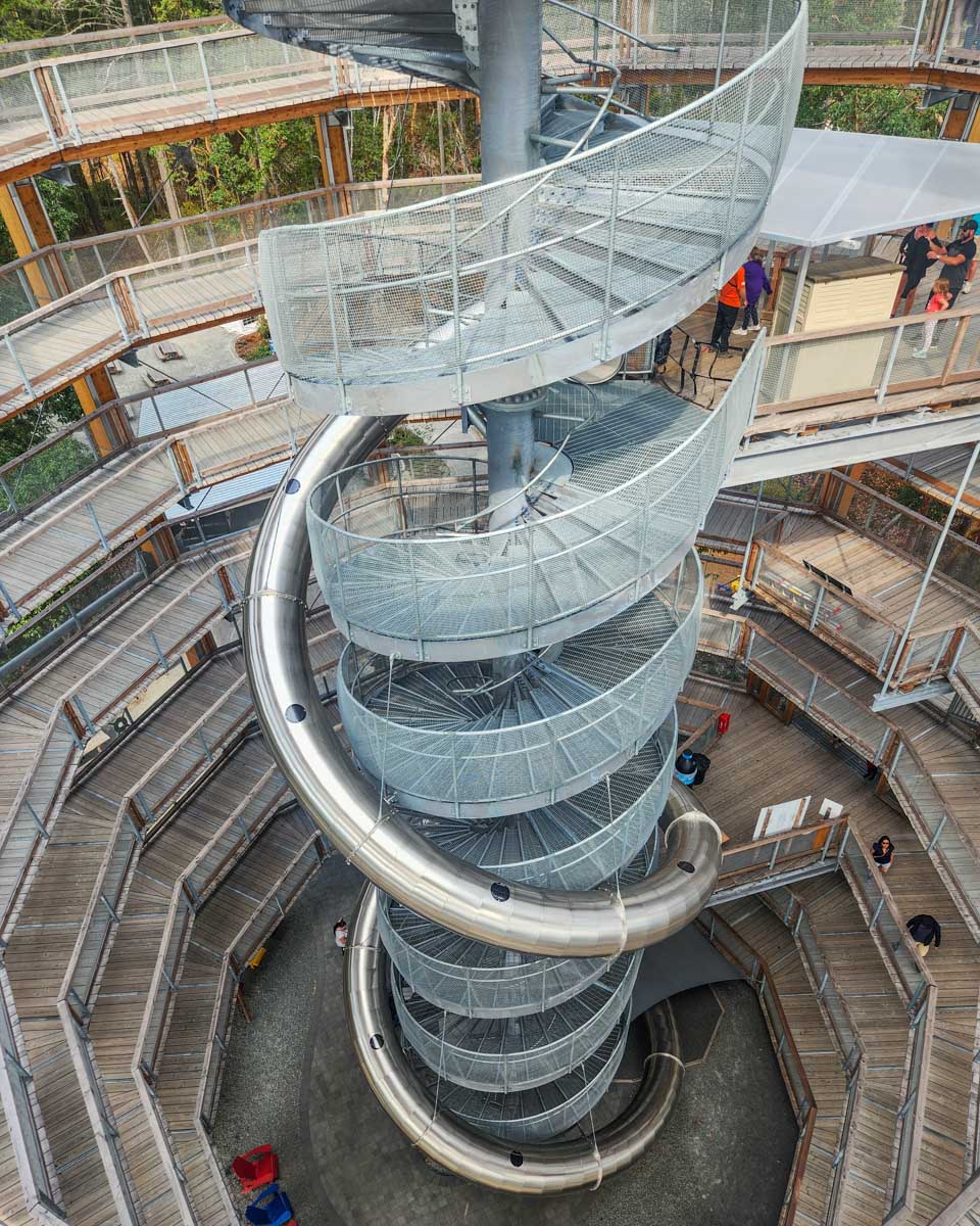 A view looking odwn the slide at the Malahat Skywalk in Malahat, British Columbia