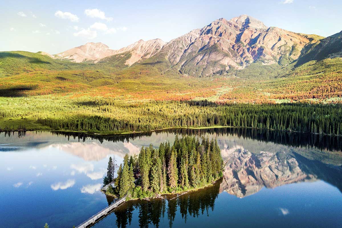 Arial View of Pyramid Lake in Jasper National Park, Canada