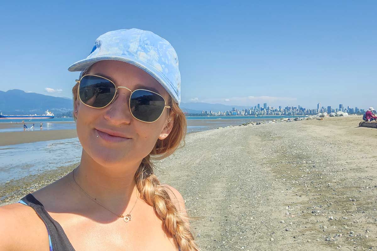 Bailey takes a selfie at Spanish Banks Beach, Vancouver