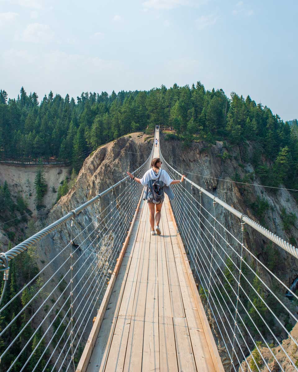 Bailey walks across the Golden Suspension Bridge in Golden, BC