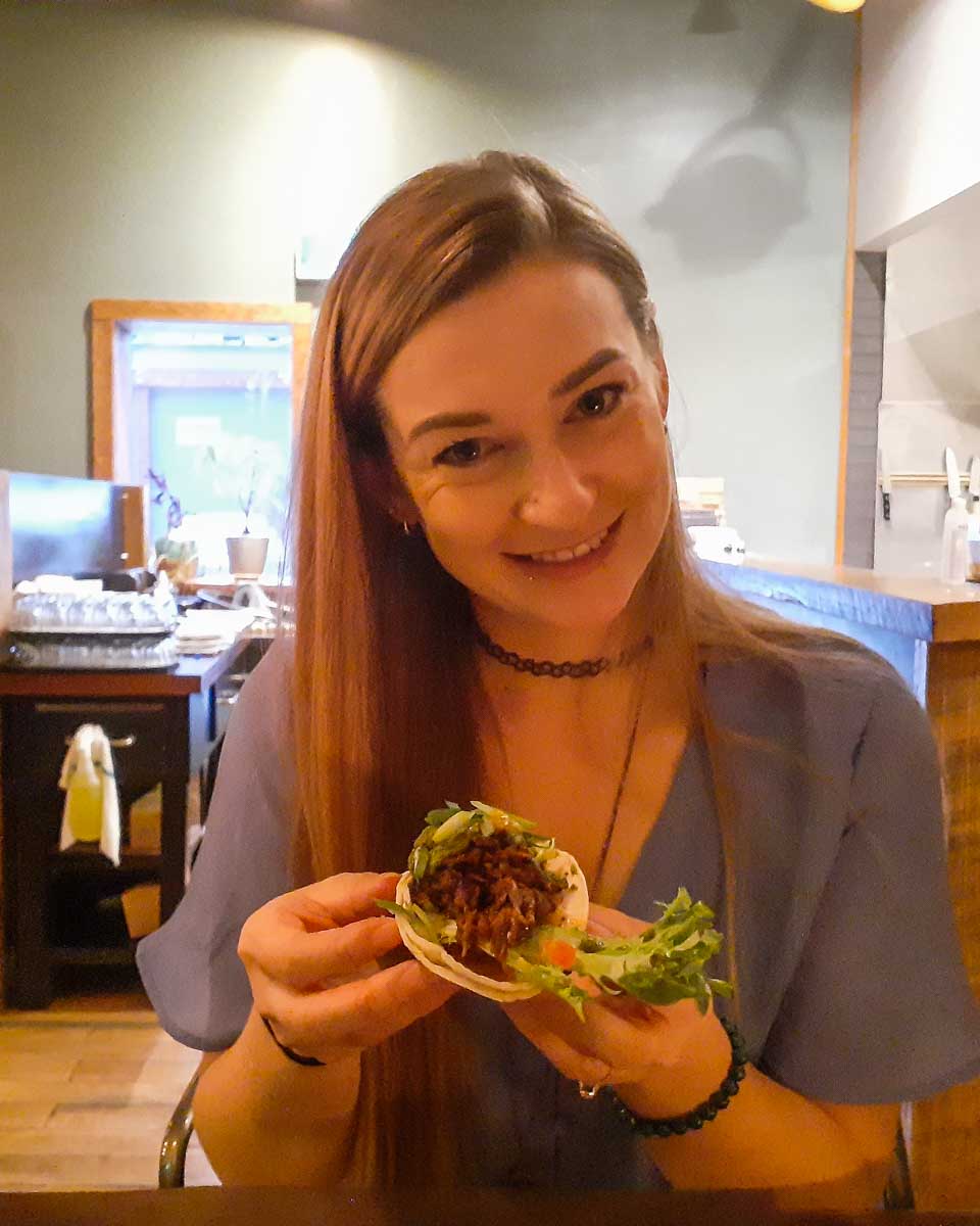 Bailey with a taco at Nevados in Fernie BC