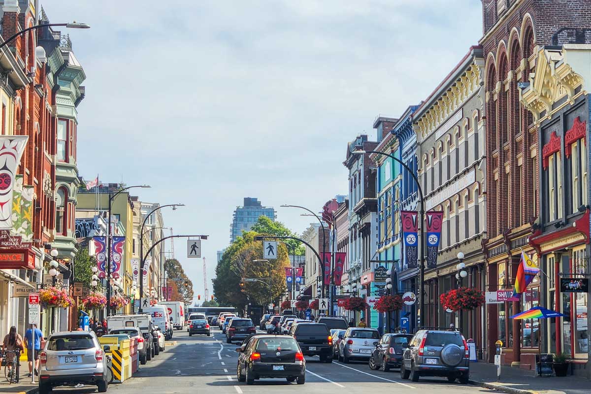 Cars drive on the road in Victoria, BC