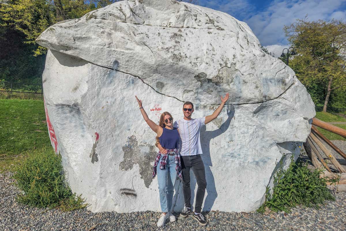 Daniel and Bailey pose with the White Rock in White Rock, BC