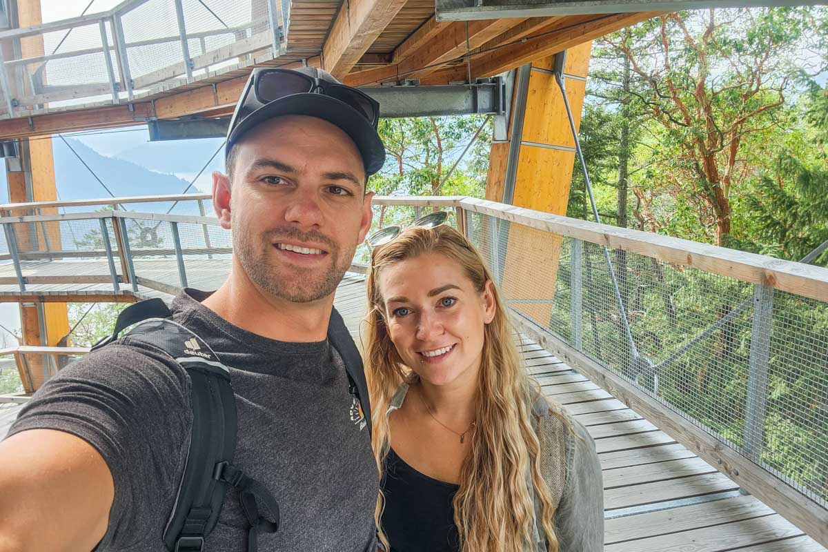 Daniel and Bailey take a selfie at the Malahat Skywalk in Malahat, British Columbia