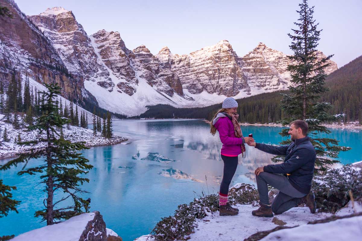 Daniel proposes to Bailey at Moraine Lake, Banff