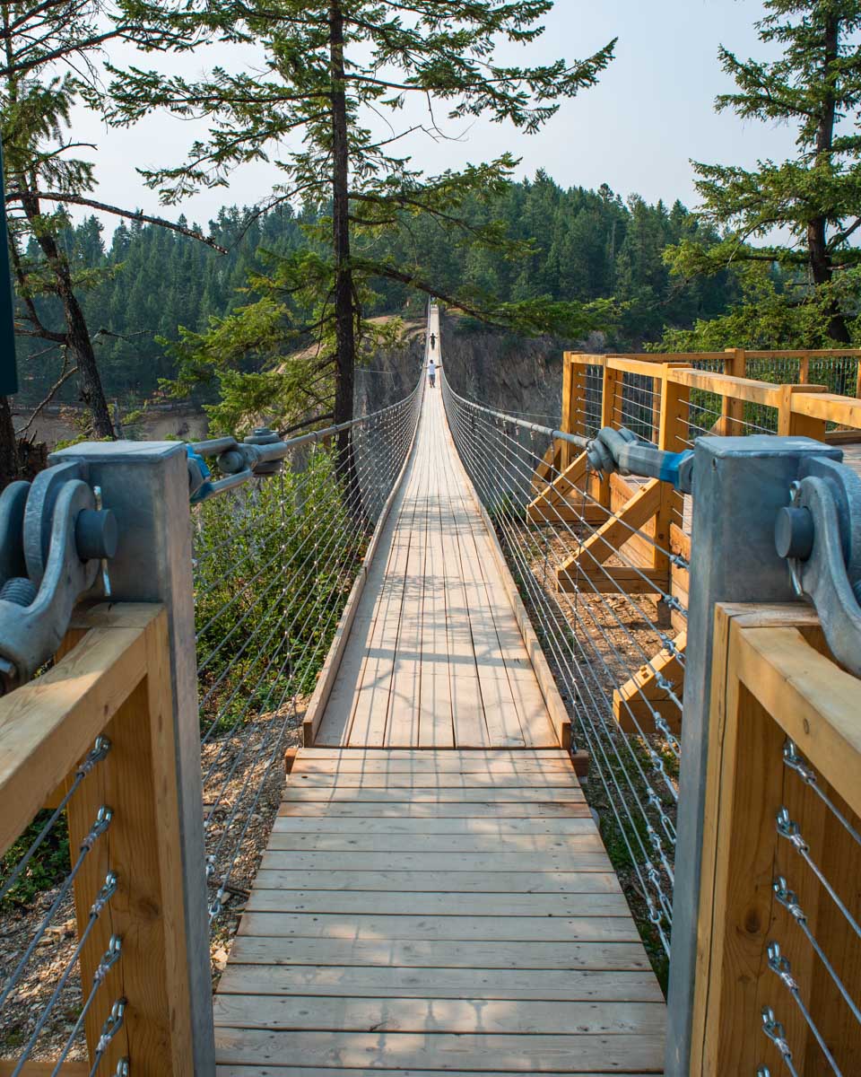 From one end, the Golden Suspension Bridge in Golden, BC