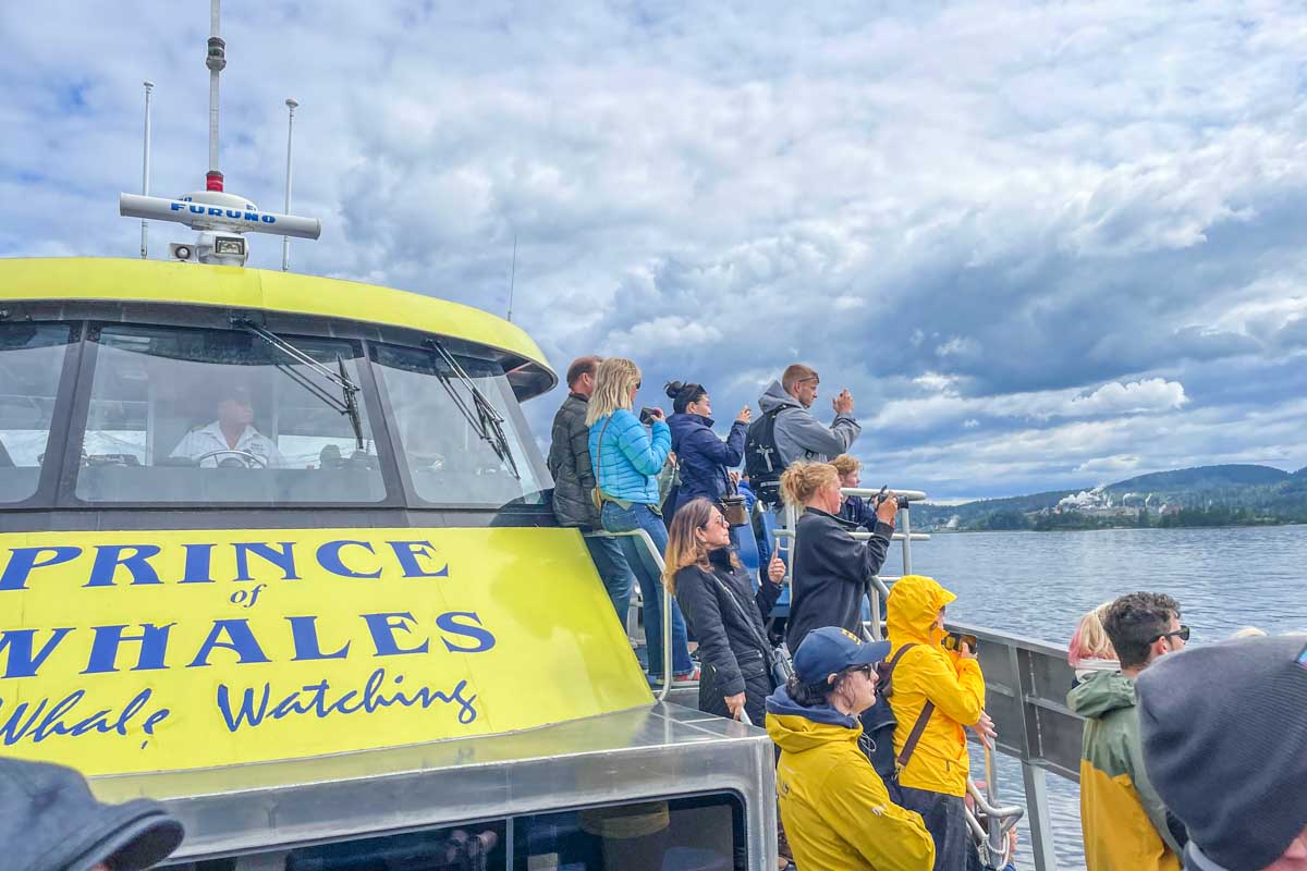 Our whale watching boat with people on board looking for whales in British Columbia, Canada