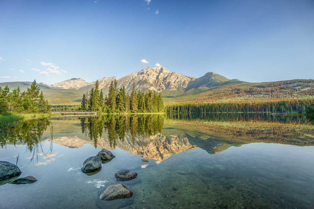 Sunset reflections at Pyramid Lake in Jasper National Park, Canada