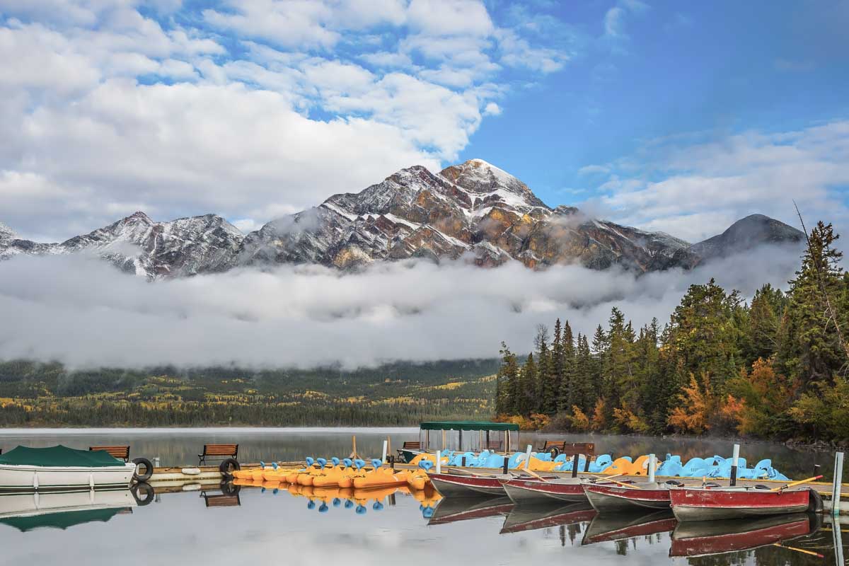 The dock at Pyramid Lake in Jasper National Park, Canada