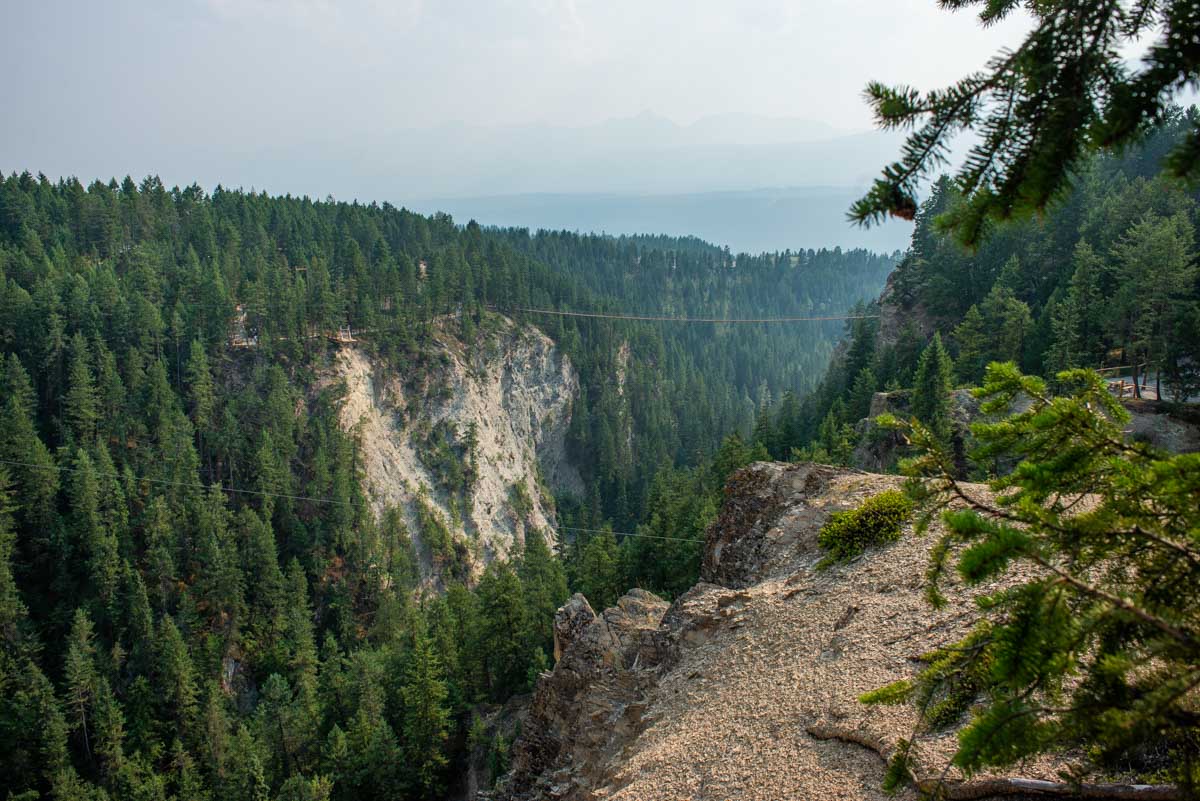 The valley with one of the bridges at the Golden Suspension Bridge in Golden, BC
