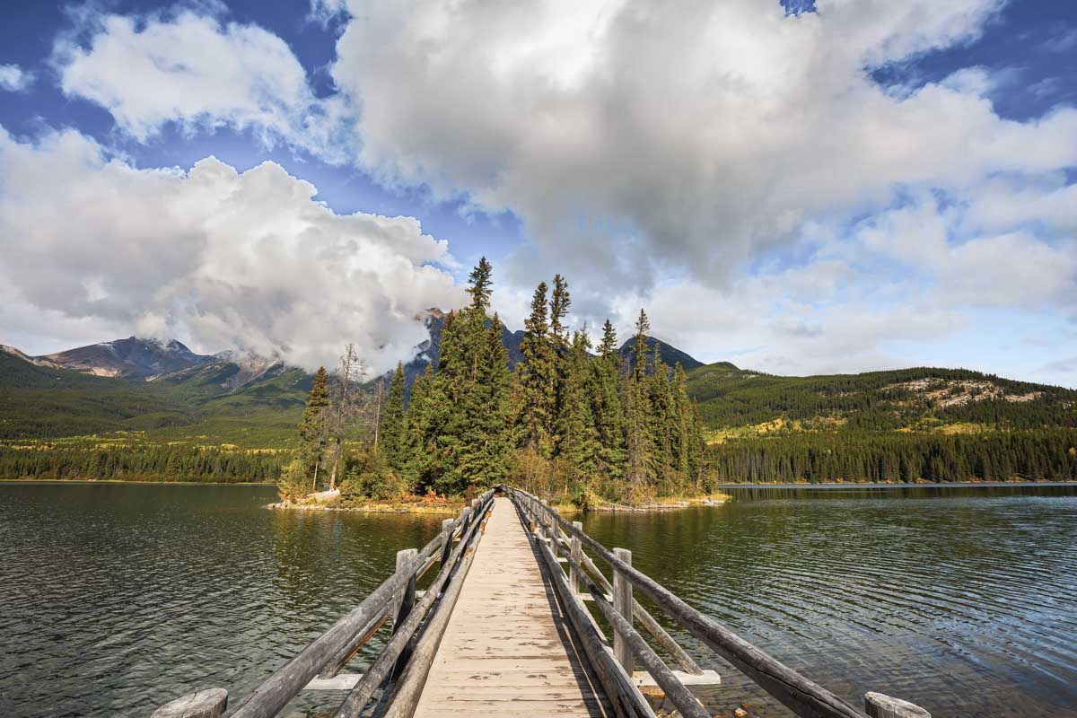 The wooden bridge at Pyramid Lake in Jasper National Park, Canada