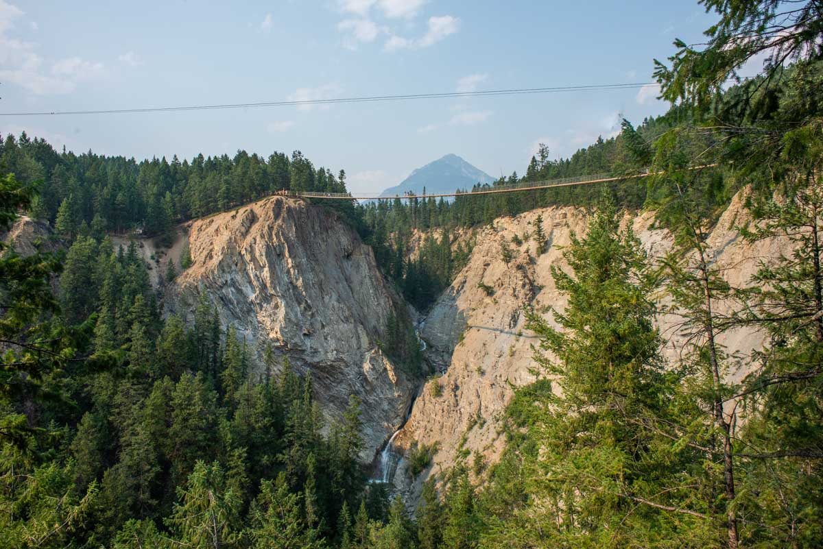 View looking up at the first bridge at the Golden Suspension Bridge in Golden, BC