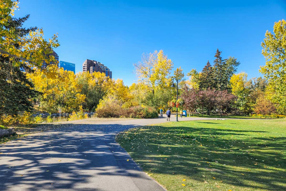 View of a park trail on a bike tour of Calgary, Canada