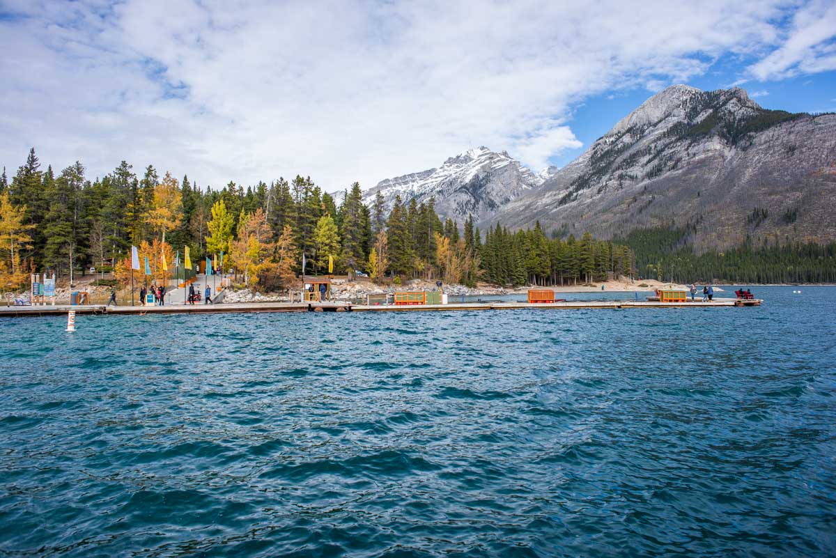 View of the dock on Lake Minnewanaka as seen from our cruise