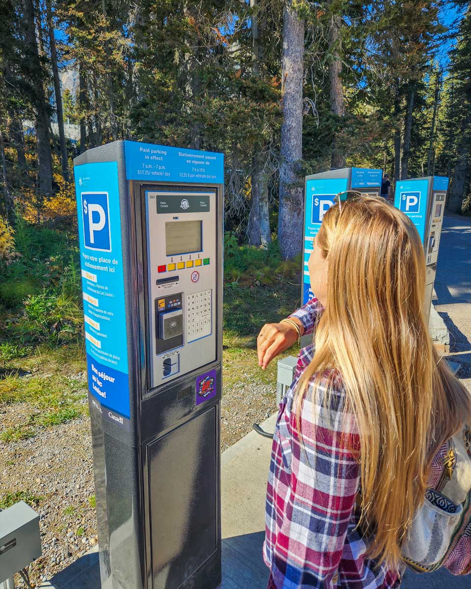 Bailey pays for parking at Lake Louise in summer