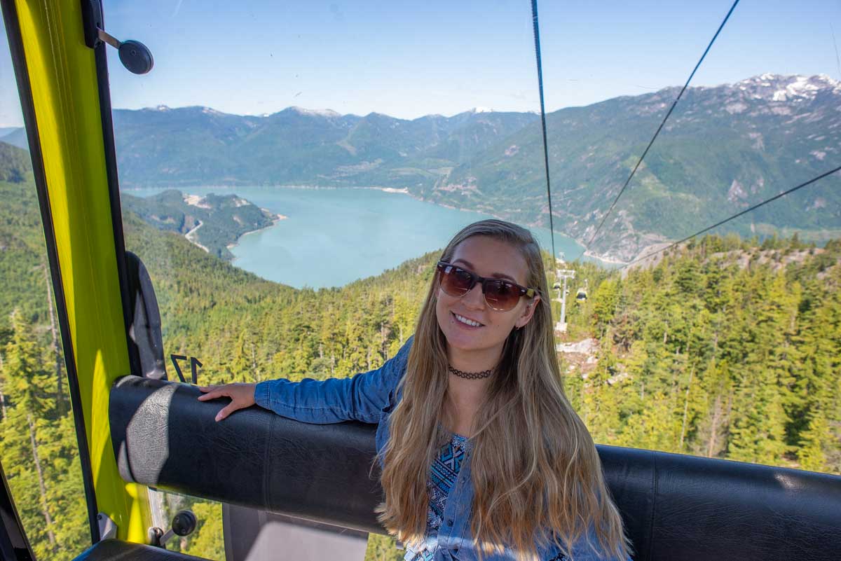 Bailey relaxes inside the Sea to Sky Gondola near Vancouver, BC
