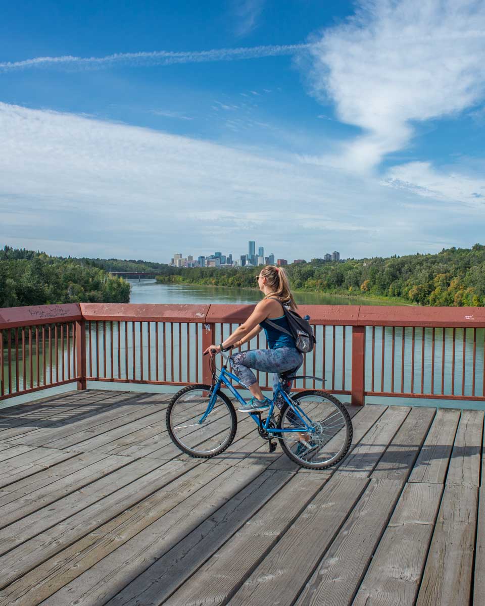 Bailey rides a bike along the Rover Valley in Edmonton Alberta