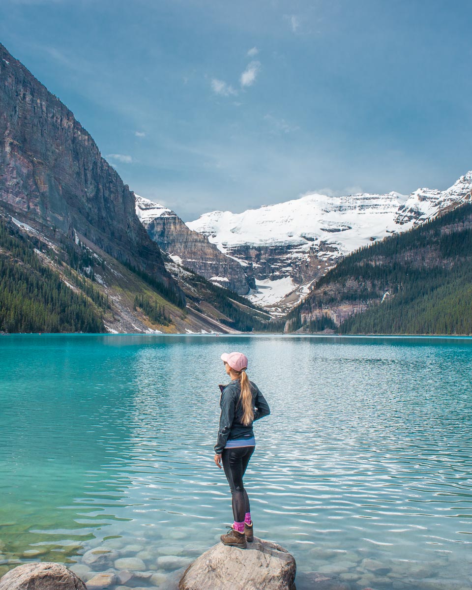 Bailey stands on a rock at Lake Louise, Canada