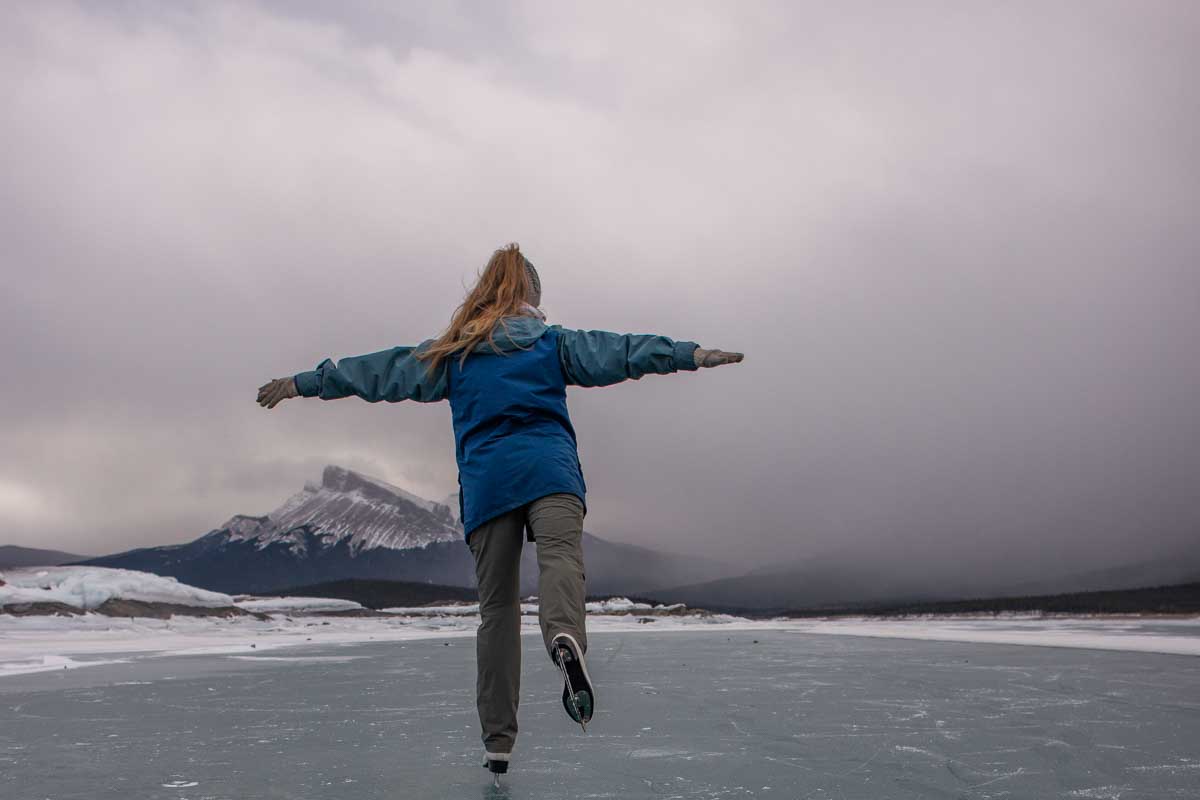 Bailey wild ice skating in Jasper National Park