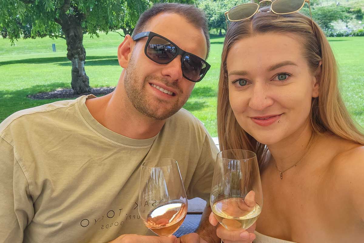 Daniel and Bailey take a selfie on a wine tour in Naramata Bench, Penticton