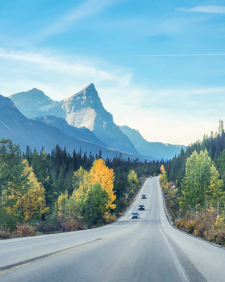 Scenic road down the Icefields Parkway in Canada