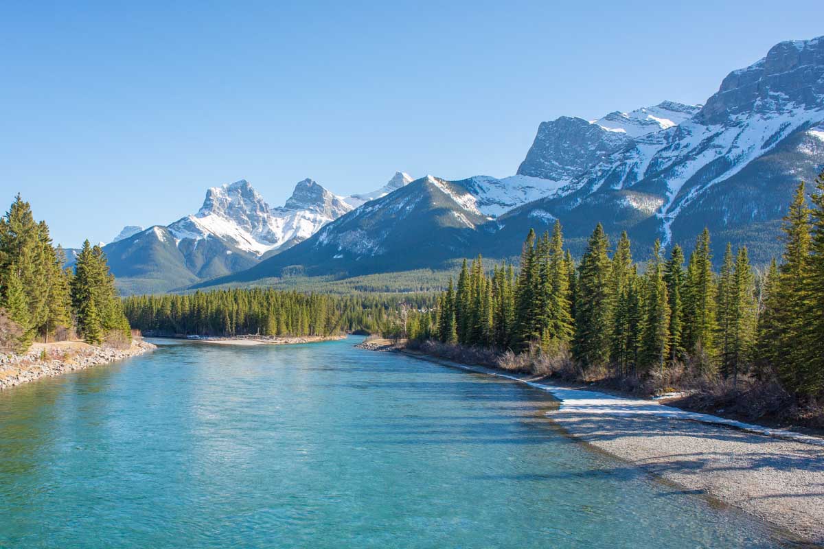 Scenic view of the Bow River passing through Canmore, Alberta
