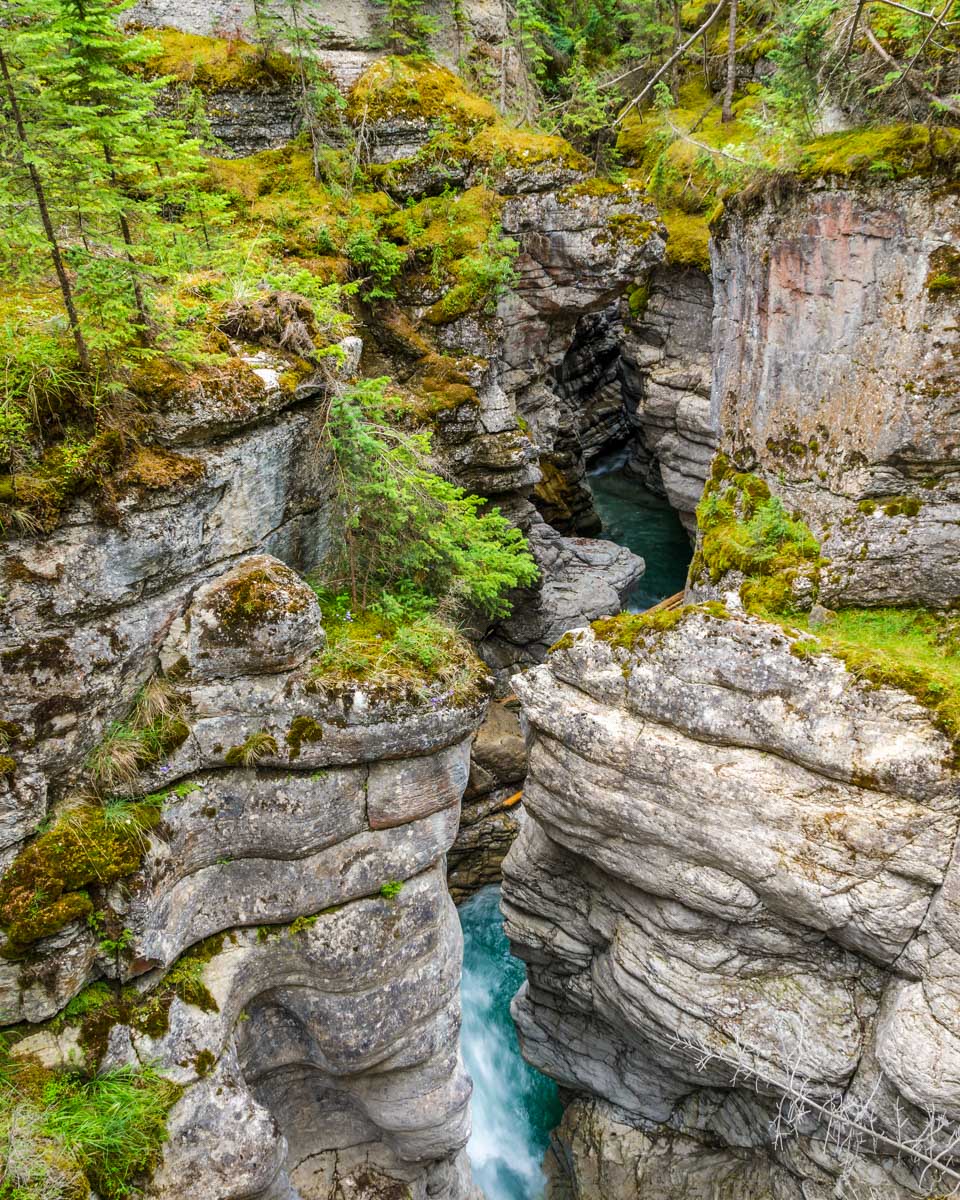 Steep cliffs and blue water of Maligne Canyon in Jasper National Park