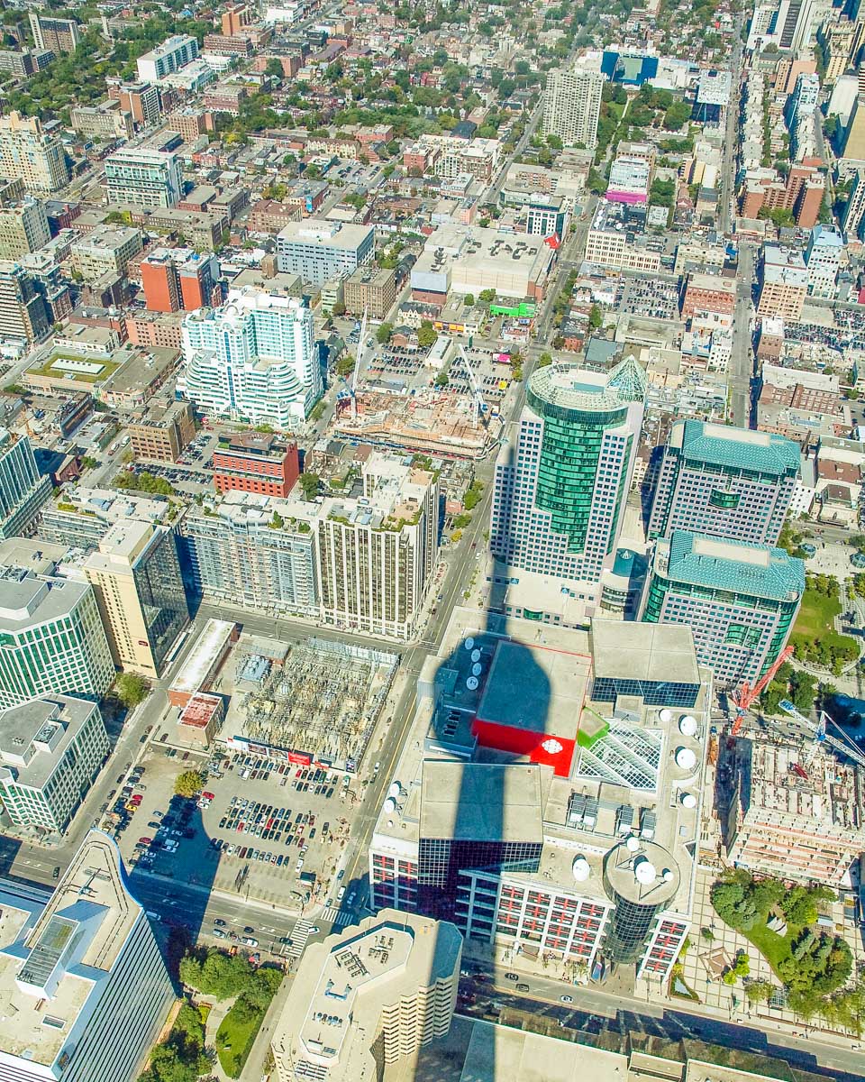 The shadow of the CN Tower over Toronto as seen from the top viewing platform
