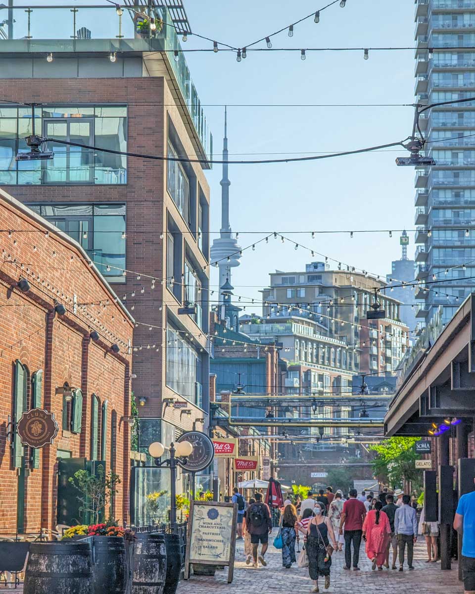 View looking down a walking street in the Distillery District of Toronto